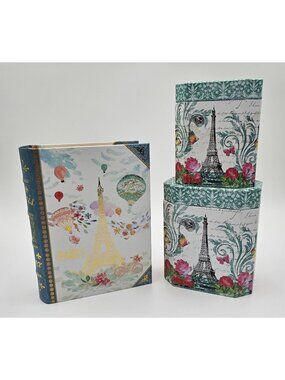 Paris Eiffel Tower Magnetic Book Box & Nesting Box Set Hot Air Balloon 3 pieces